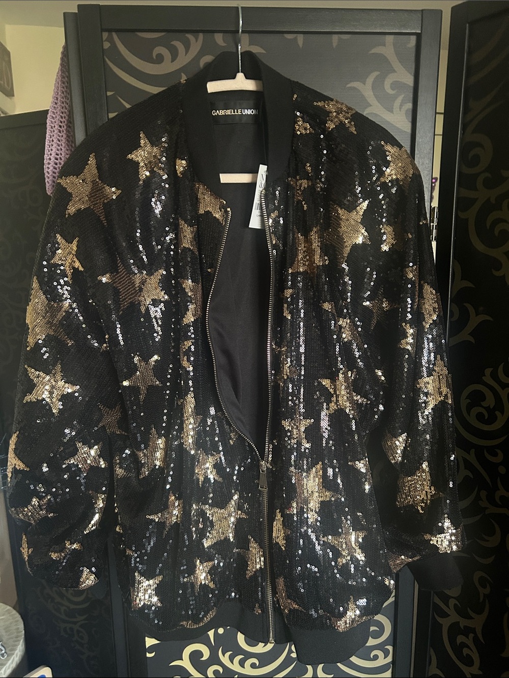 Gabrielle Union Black & Gold Sequin Star Bomber Jacket